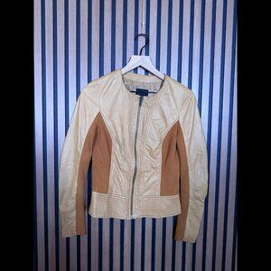 Trouve Leather Jacket Small Womens Brown Tan Leather Full Zip Stretch Trim